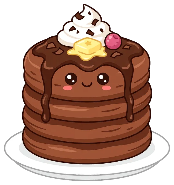 Cute chocolate pancake stack with butter and whipped cream