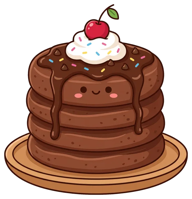 Cute chocolate pancake stack with cherry and whipped cream
