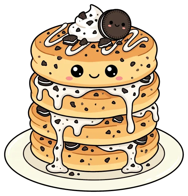 Cute cookies and cream pancake stack with smiling face