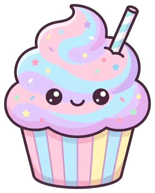 Cute cotton candy cupcake with smiling face and straw