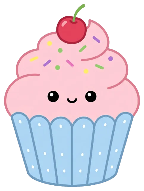 Cute cupcake cartoon character with pink frosting and cherry