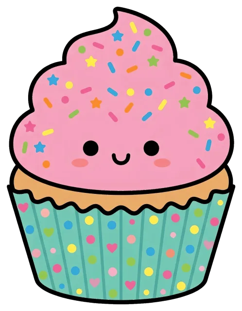 Cute cupcake cartoon character with pink frosting and sprinkles