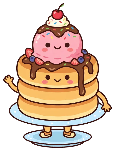 Cute ice cream and pancake stack character with chocolate and fruit
