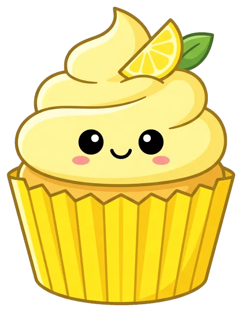 Cute lemon cupcake with smiling face and lemon slice
