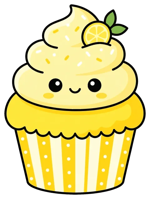 Cute lemon cupcake with smiling face and lemon slice