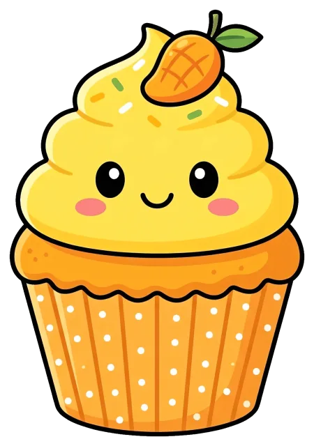 Cute mango cupcake with smiling face and sprinkles