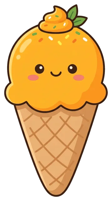 Cute mango ice cream cone with smiling face and leaves