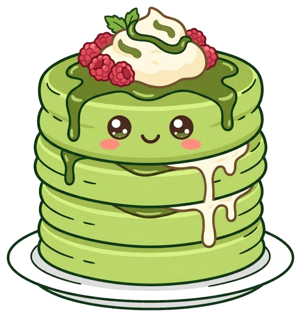 Cute matcha pancake stack with cream and raspberries