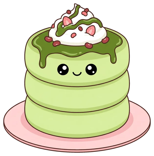 Cute matcha pancake stack with whipped cream and berries