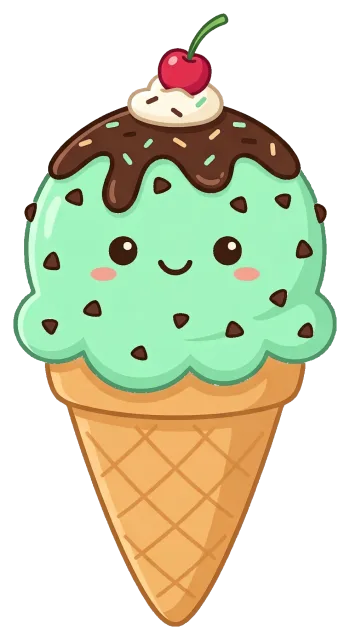 Cute mint chocolate chip ice cream cone with cherry on top