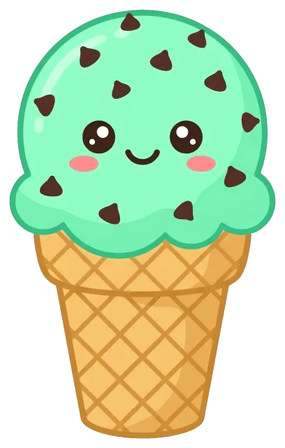 Cute mint chocolate chip ice cream cone with smiling face