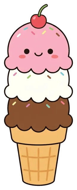 Cute Neapolitan Ice Cream Cone with Cherry and Sprinkles