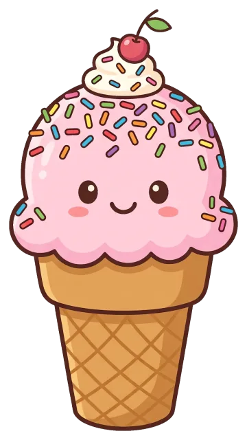 Cute pink ice cream cone with rainbow sprinkles and cherry