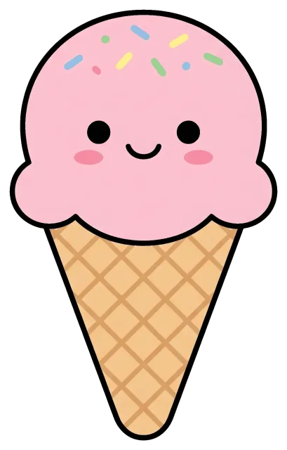 Cute pink ice cream cone with sprinkles and smiling face