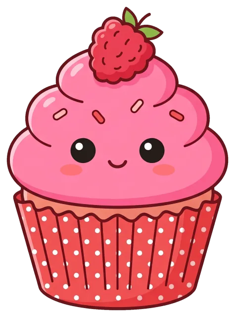 Cute raspberry cupcake with pink frosting and smiling face