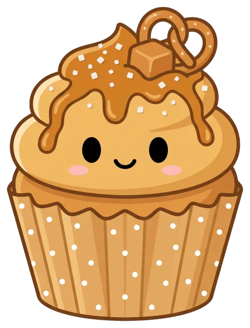 Cute salted caramel cupcake with pretzel and caramel cube