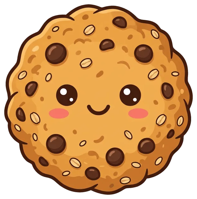 Cute smiling cookie character with chocolate chips and oats