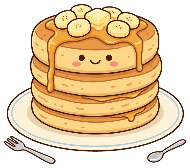 Cute stack of banana pancakes with syrup and butter