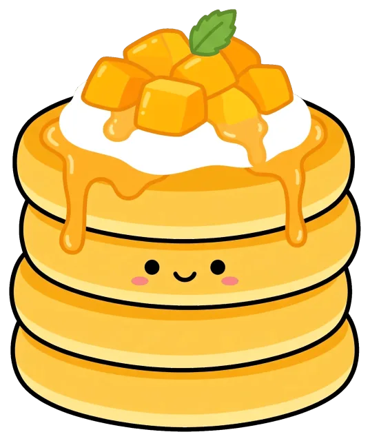 Cute stack of mango pancakes with syrup and cream