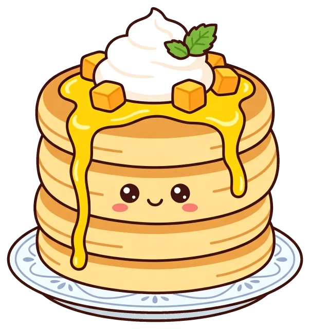 Cute stack of mango pancakes with syrup and whipped cream