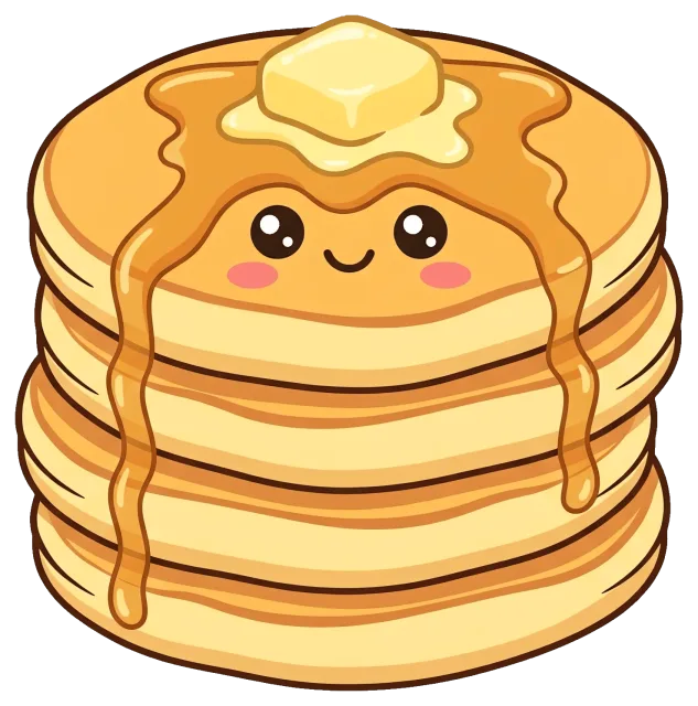 Cute stack of pancakes with butter and syrup smiling