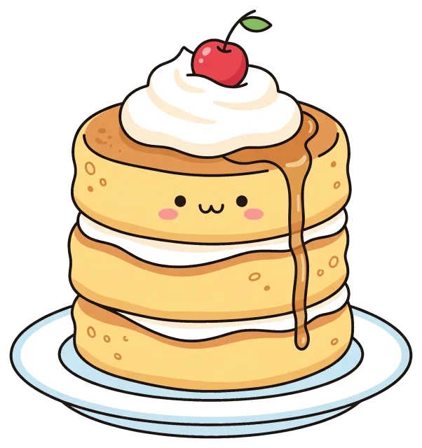 Cute stack of pancakes with whipped cream and cherry