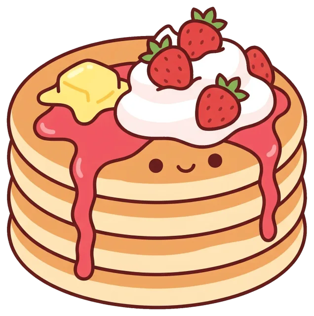 Cute stack of strawberry pancakes with whipped cream and butter
