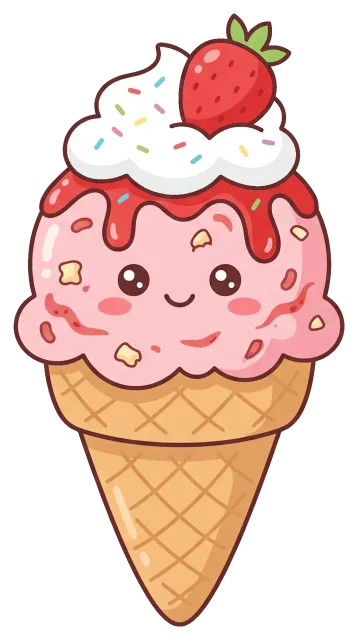 Cute strawberry cheesecake ice cream cone with smiling face