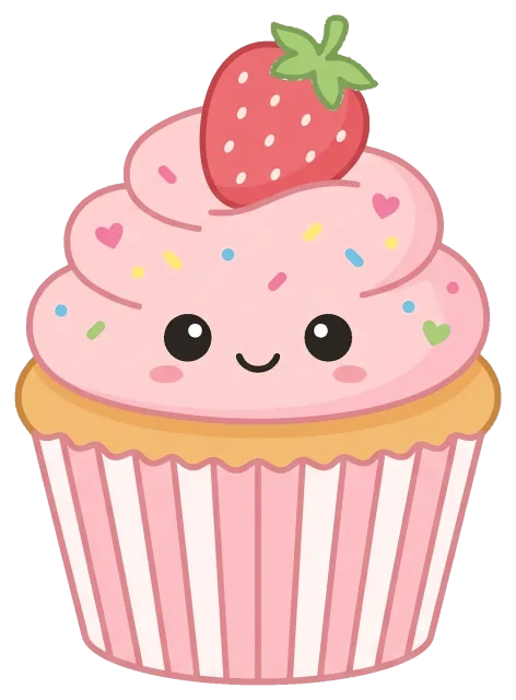 Cute strawberry cupcake with pink frosting and smiling face