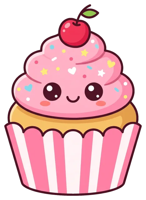 Kawaii style cupcake with pink frosting and cherry on top