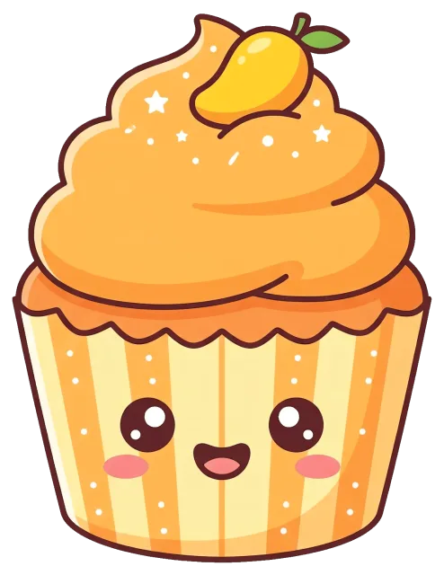 Mango cupcake cartoon character with smiling face