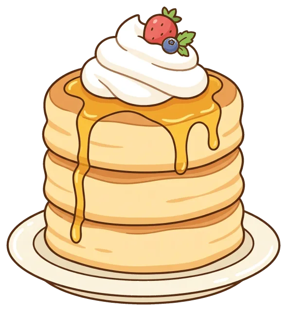 Stack of pancakes with syrup, whipped cream, and berries