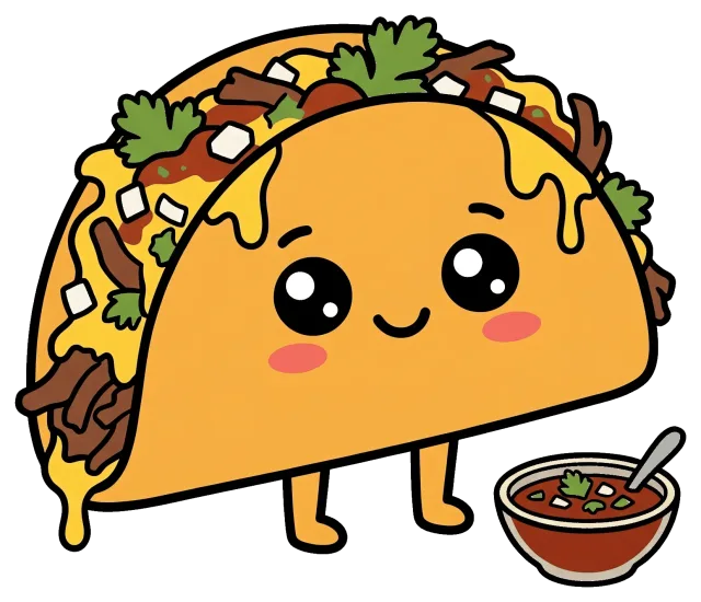 Cute quesabirria taco character with salsa bowl