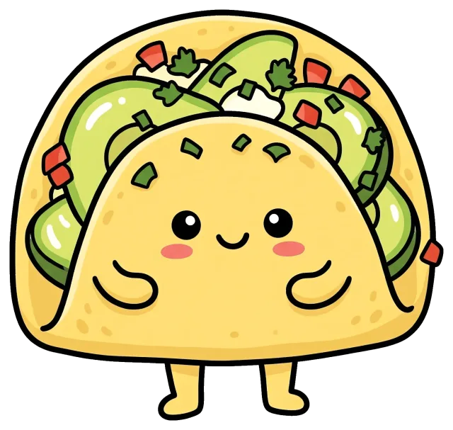 Cute smiling avocado taco character with arms and legs