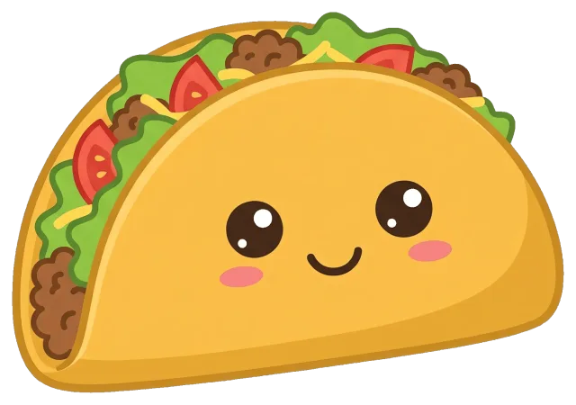 Cute smiling taco with lettuce, tomato, and meat filling