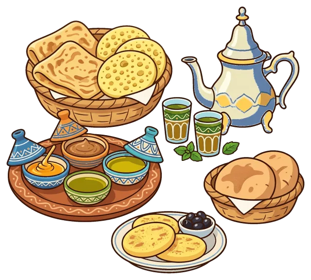Breakfast foods with bread, tea, and condiments in cartoon style