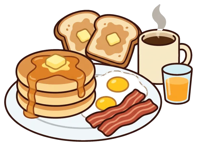 Breakfast foods with pancakes, eggs, bacon, toast, coffee, and juice
