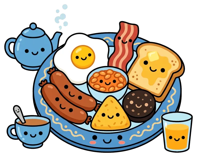 Cartoon Breakfast Foods Displayed on a Plate with Drinks