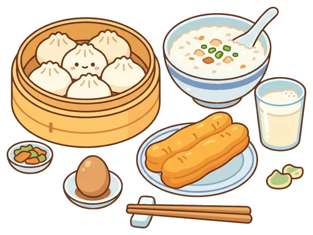 Cartoon breakfast foods on grey background