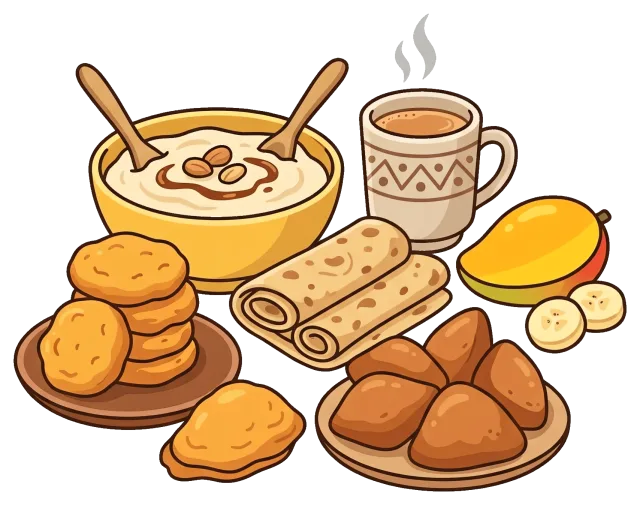 Cartoon breakfast foods with porridge, tea, and fruits