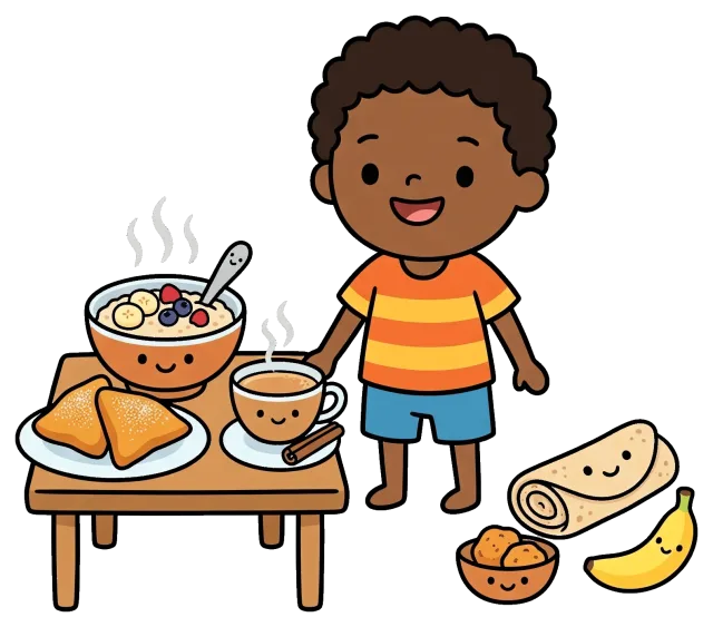 Cartoon breakfast foods with smiling boy and table