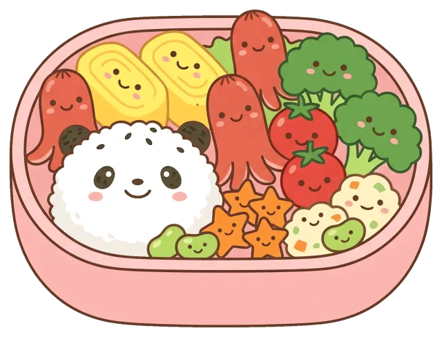 Cute bento box with panda rice and smiling food characters