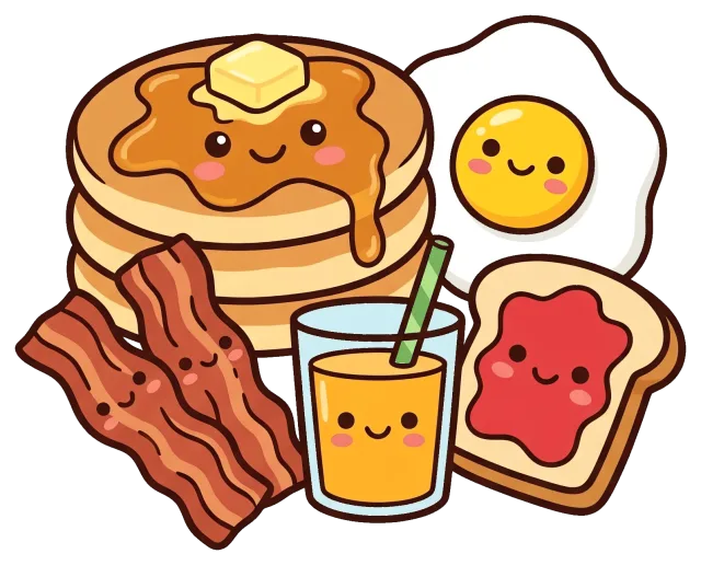 Cute breakfast foods with smiling faces