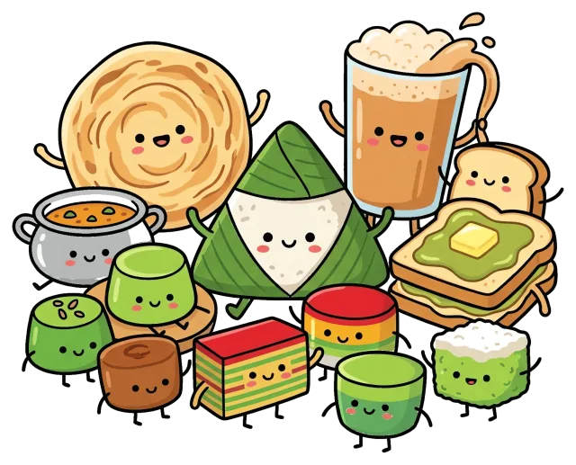 Cute Cartoon Breakfast Foods with Happy Faces
