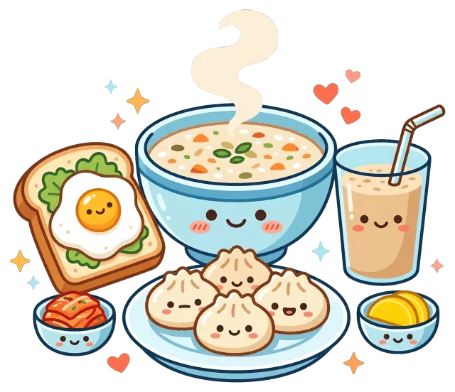 Cute cartoon breakfast foods with soup, dumplings, toast, and drink