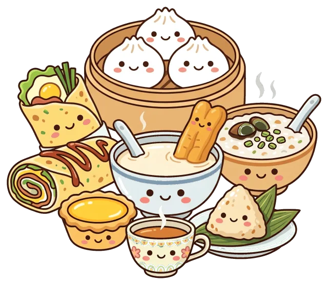 Cute Cartoon Chinese Breakfast Foods with Smiling Faces