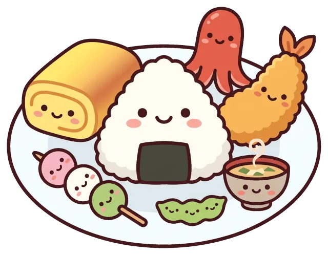 Cute cartoon Japanese food plate with onigiri and sides