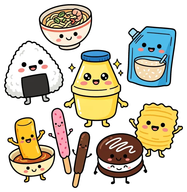 Cute Cartoon Snacks Displayed with Happy Faces