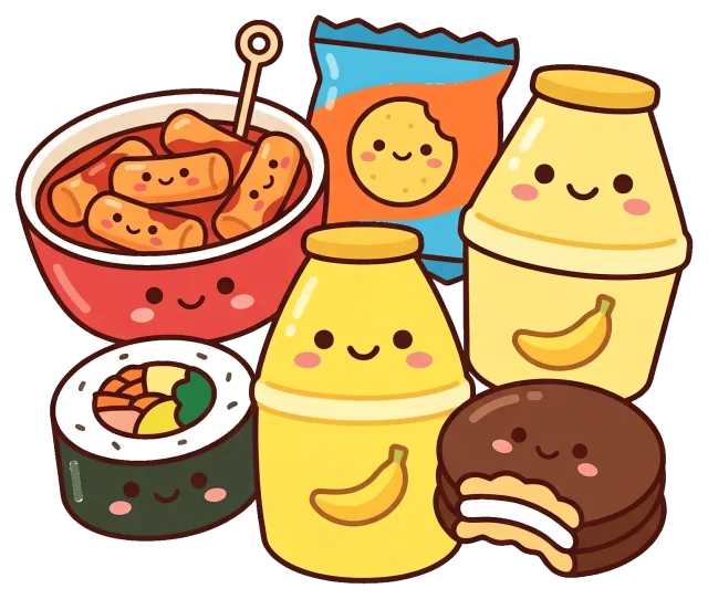 Cute Cartoon Snacks with Drinks and Sweets