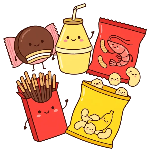 Cute cartoon snacks with happy faces